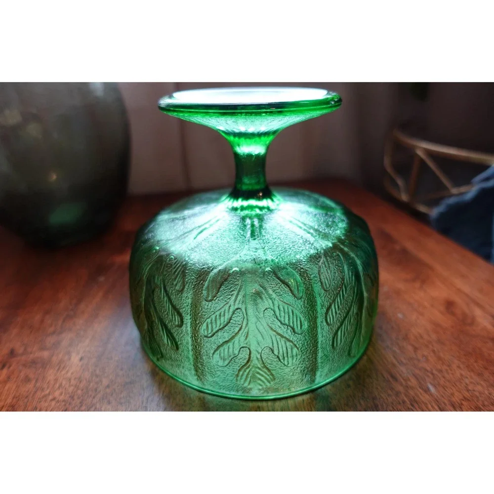 Vintage F.T.D‎ 1975 green oak leaf art glass pedestal bowl/compote